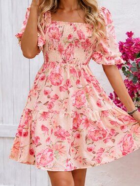 Floral Pink Tiered Sundress with Smocked Bodice